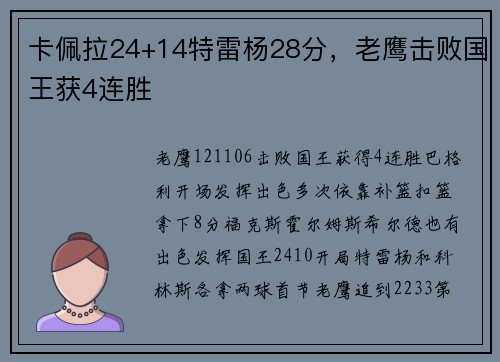 卡佩拉24+14特雷杨28分，老鹰击败国王获4连胜